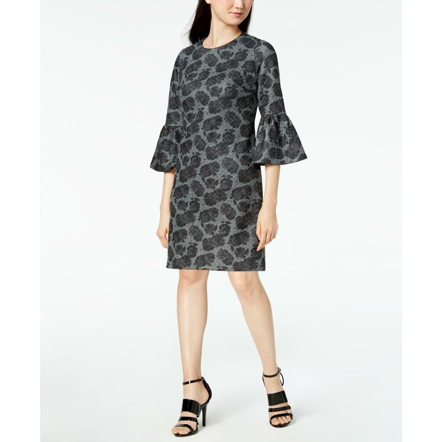 Calvin Klein Womens Gray Ponte Floral Printed Bell Sleeve Sheath Dress Casual 6